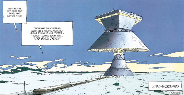 רכבת עתידנית נכנסת לחתנת חלל שהיא פירמידה שעומדת על מגדל הנוי בנוף שנראה כמו ערבה מושלגת