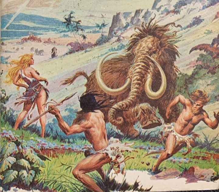 עטיפת הספר, ציור של אנשים נלחמים בממותה