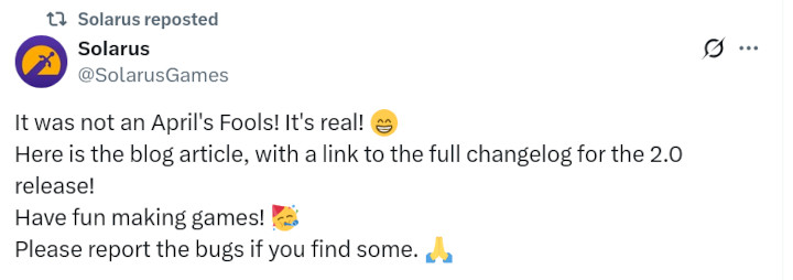 ציוץ הבהרה של סולארוס שיש להם באמת גירסא חדשה וזאת לא בדיחת ה-1 באפריל.