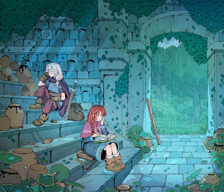 שני הרפתקאניות נחות על מדרגות בעולם שנראה כמו פנטזיה