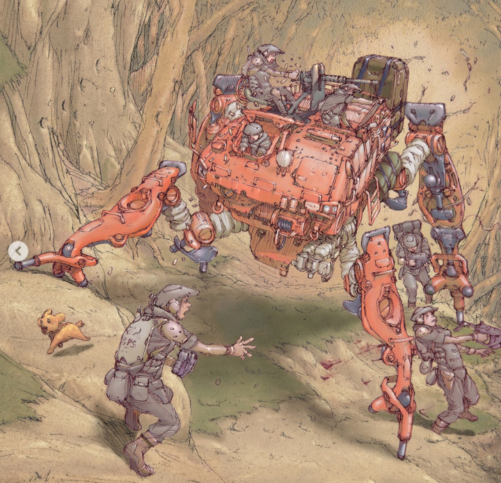 אנשים על סוג של רובוט ענק עם 4 רגליים